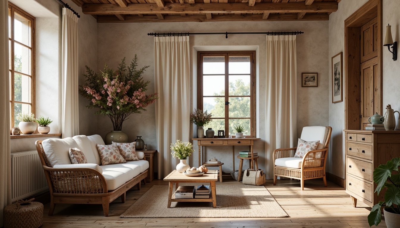 Prompt: Rustic French country cottage, distressed wood accents, vintage floral patterns, soft linen fabrics, natural jute textiles, woven wicker furniture, elegant lace curtains, delicate ceramic vases, antique metal hardware, warm beige colors, creamy whites, earthy tones, romantic candlelight, shallow depth of field, 1/2 composition, intimate atmosphere, realistic textures, ambient occlusion.