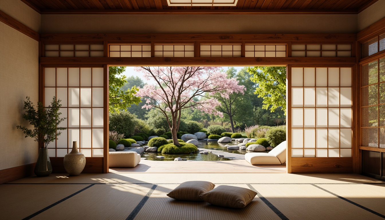 Prompt: Traditional Japanese tatami rooms, sliding shoji doors, natural wood accents, woven bamboo textures, serene garden views, tranquil koi ponds, ornate cherry blossom patterns, delicate ceramic vases, soft warm lighting, shallow depth of field, 3/4 composition, realistic textiles, ambient occlusion.