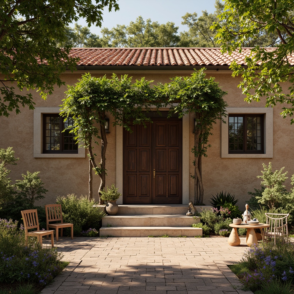 Prompt: Rustic villa facade, earthy tones, natural stone walls, wooden shutters, clay roof tiles, lush green vines, flowering plants, ornate metal gates, worn brick pathways, weathered wooden doors, distressed finishes, vintage outdoor furniture, warm afternoon sunlight, soft golden lighting, 1/1 composition, intimate framing, realistic textures, ambient occlusion.