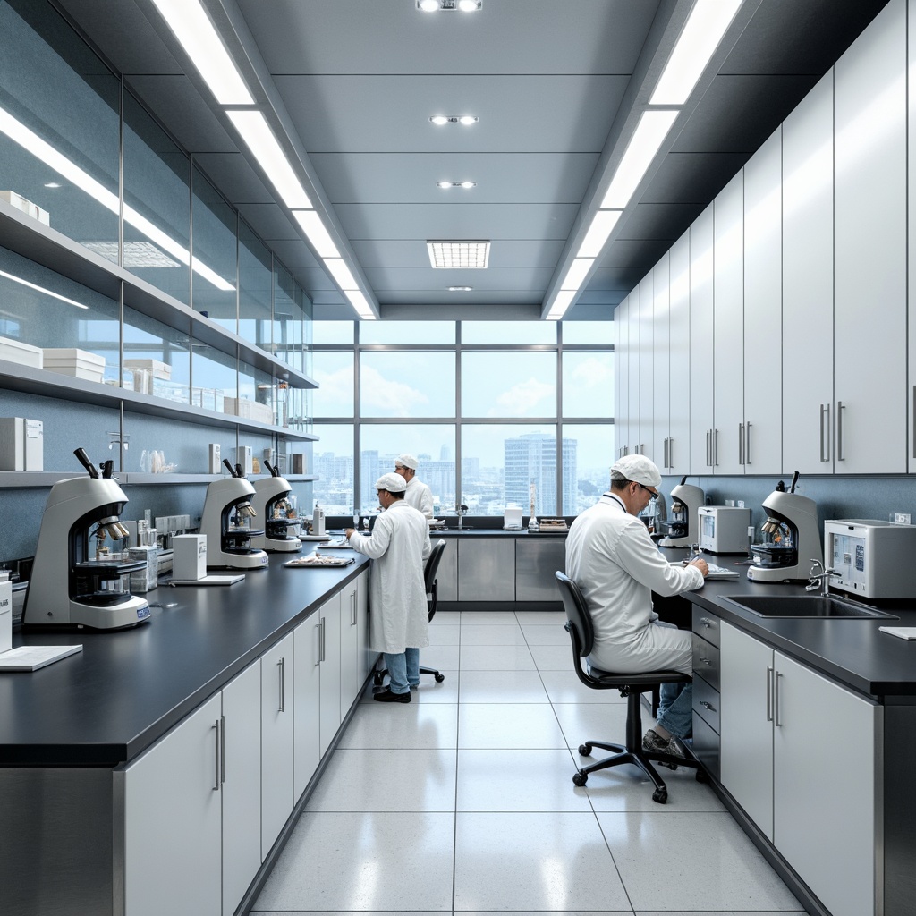 Prompt: Modern laboratory interior, sterile environment, white lab coats, medical equipment, stainless steel workstations, epoxy resin countertops, glossy finish, industrial-grade flooring, ceramic tiles, LED lighting, minimalist decor, sleek cabinetry, handle-free doors, seamless joints, anti-microbial coatings, durable surfaces, easy-to-clean materials, futuristic ambiance, high-tech feel, precision instrumentation, microscopes, Petri dishes, laboratory chairs, adjustable shelving, modular casework, ergonomic design, natural stone accents, metallic trim, subtle color scheme, soft indirect lighting.