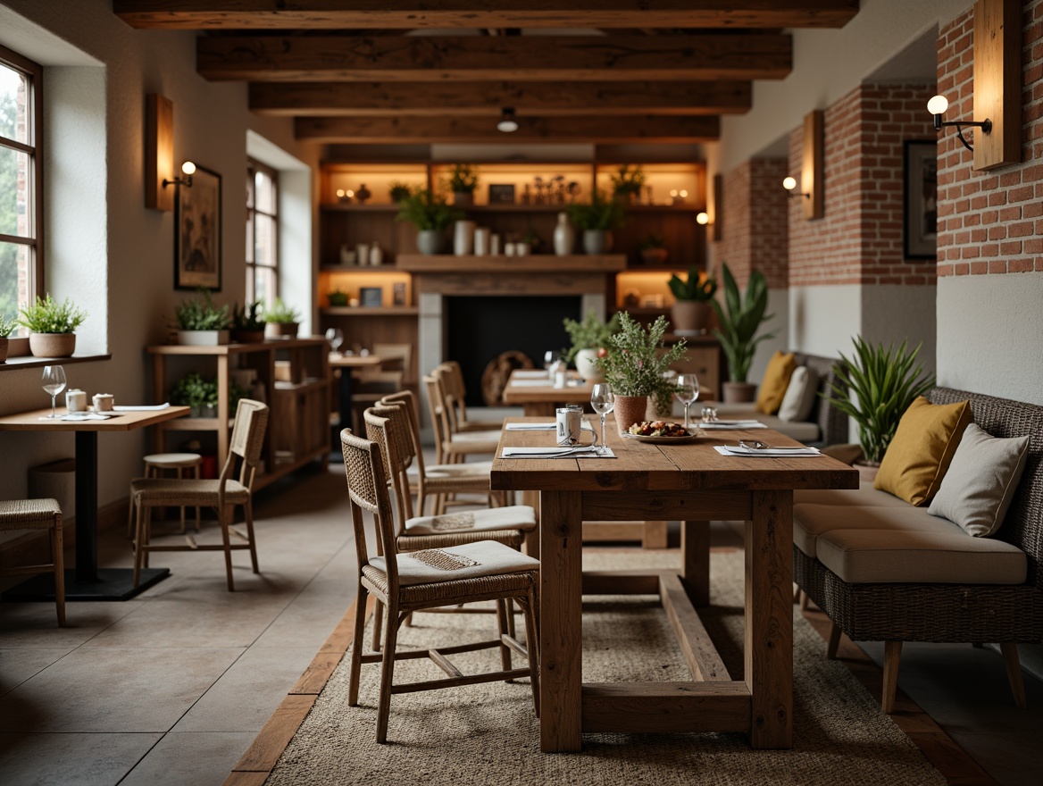 Prompt: Rustic farmhouse decor, vintage wooden tables, distressed metal chairs, woven wicker benches, natural linen upholstery, earthy color palette, warm candle lighting, exposed brick walls, reclaimed wood accents, antique decorative items, potted plants, traditional country cuisine, cozy atmosphere, soft background music, 1/1 composition, shallow depth of field, realistic textures, ambient occlusion.