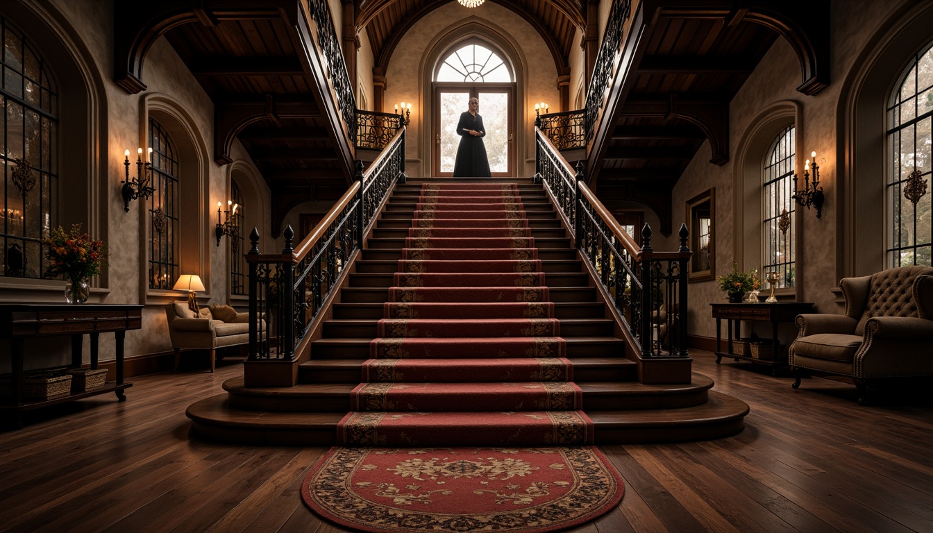 Prompt: Grandiose Gothic staircase, dark hardwood flooring, rich walnut tones, ornate metal railings, fleur-de-lis patterns, medieval-inspired designs, stone walls, vaulted ceilings, mysterious ambiance, dramatic lighting, deep shadows, high-contrast textures, intricate carvings, lavish furnishings, opulent fabrics, regal atmosphere, solemn mood, cinematic composition, low-angle shot, warm color palette.