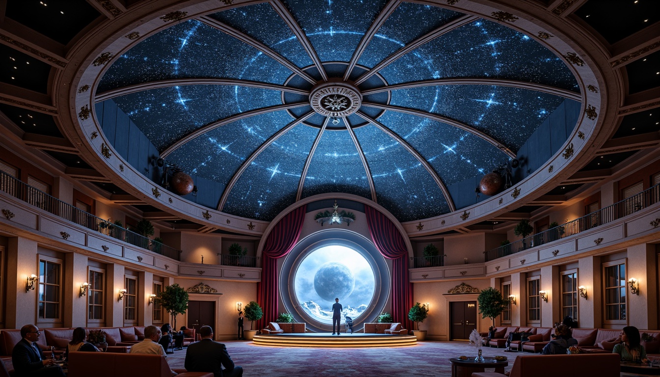 Prompt: Celestial-themed planetarium, intricate star-patterned ceiling, majestic dome-shaped architecture, ornate metalwork details, grandiose entranceways, regal velvet curtains, luxurious seating areas, futuristic digital projections, immersive audio systems, realistic planetary models, asteroid-shaped decorations, galaxy-inspired color schemes, soft ethereal lighting, dramatic spotlighting, 1/2 composition, shallow depth of field, cinematic atmosphere, high-definition textures, ambient occlusion.