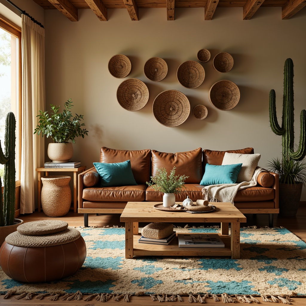 Prompt: Earthy tones, natural textures, woven baskets, rustic wooden furniture, plush throw blankets, vibrant turquoise accents, geometric patterned rugs, sandy beige walls, distressed leather sofas, reclaimed wood coffee tables, cactus-inspired decorative pieces, warm ambient lighting, shallow depth of field, 1/1 composition, realistic materials, subtle weathering effects.