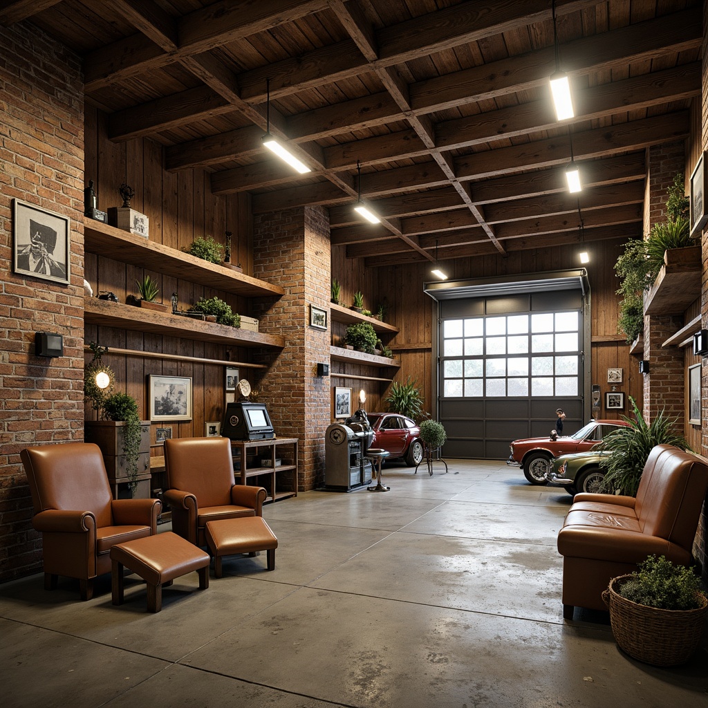 Prompt: Rustic garage interior, distressed wood accents, metallic machinery, industrial lighting fixtures, concrete floors, exposed brick walls, vintage car displays, polished chrome details, worn leather upholstery, rugged stone workbenches, earthy tone color palette, warm softbox lighting, shallow depth of field, 1/1 composition, realistic textures, ambient occlusion.