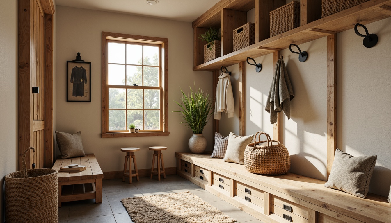 Prompt: Cozy mudroom, natural wood accents, rustic metal hooks, woven baskets, plush rugs, warm beige walls, soft overhead lighting, functional shelving units, decorative storage bins, earthy color palette, modern farmhouse style, rustic-chic decor, wooden bench seating, vintage-inspired accessories, distressed finishes, organic textures, shallow depth of field, 1/1 composition, realistic rendering.