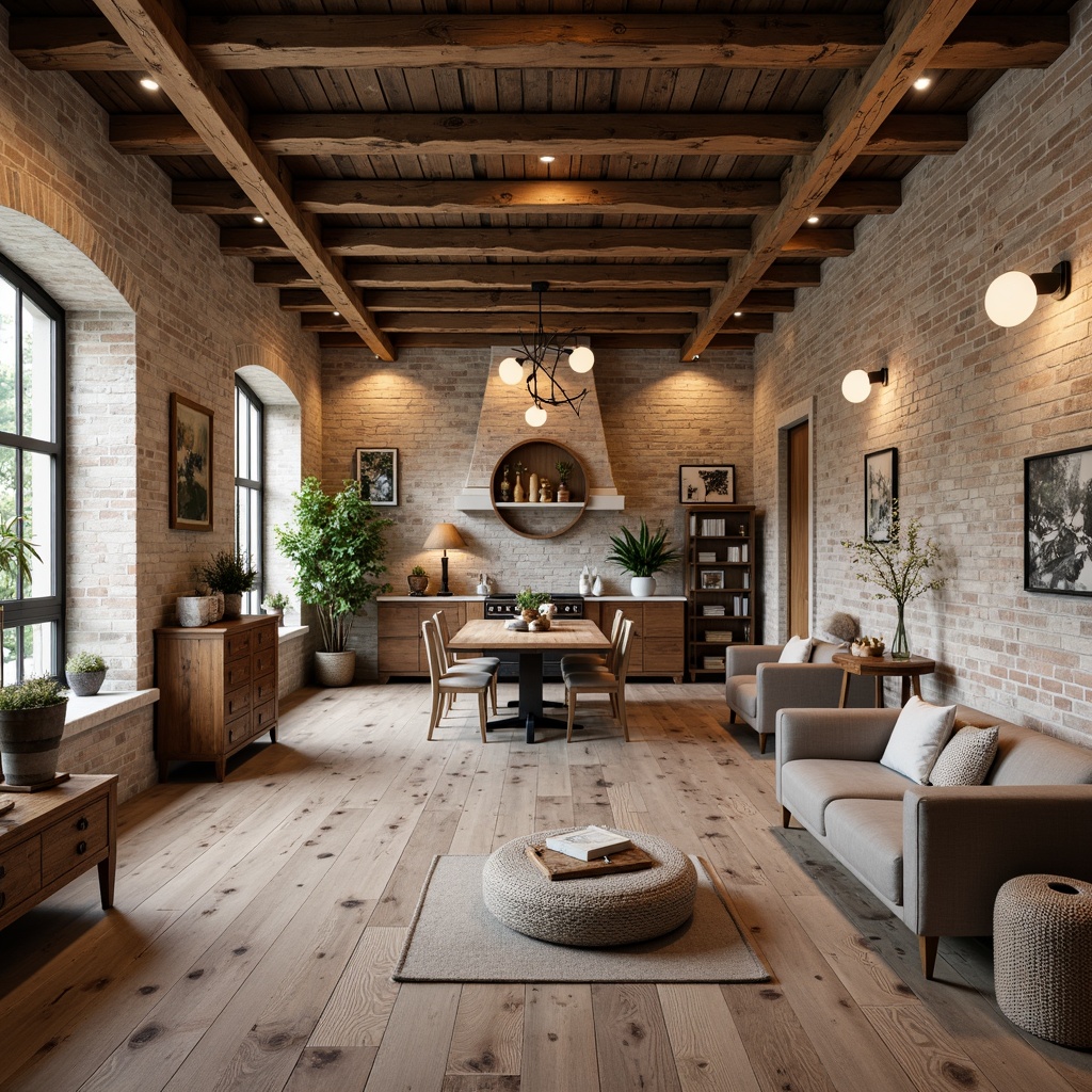 Prompt: Rustic farmhouse, vintage charm, distressed wood planks, wide plank flooring, reclaimed wooden boards, earthy tones, natural textures, exposed beams, wooden accents, country-style decor, soft warm lighting, cozy atmosphere, traditional farmhouse feel, classic brick walls, neutral color palette, organic shapes, natural materials, minimalist design, functional simplicity.