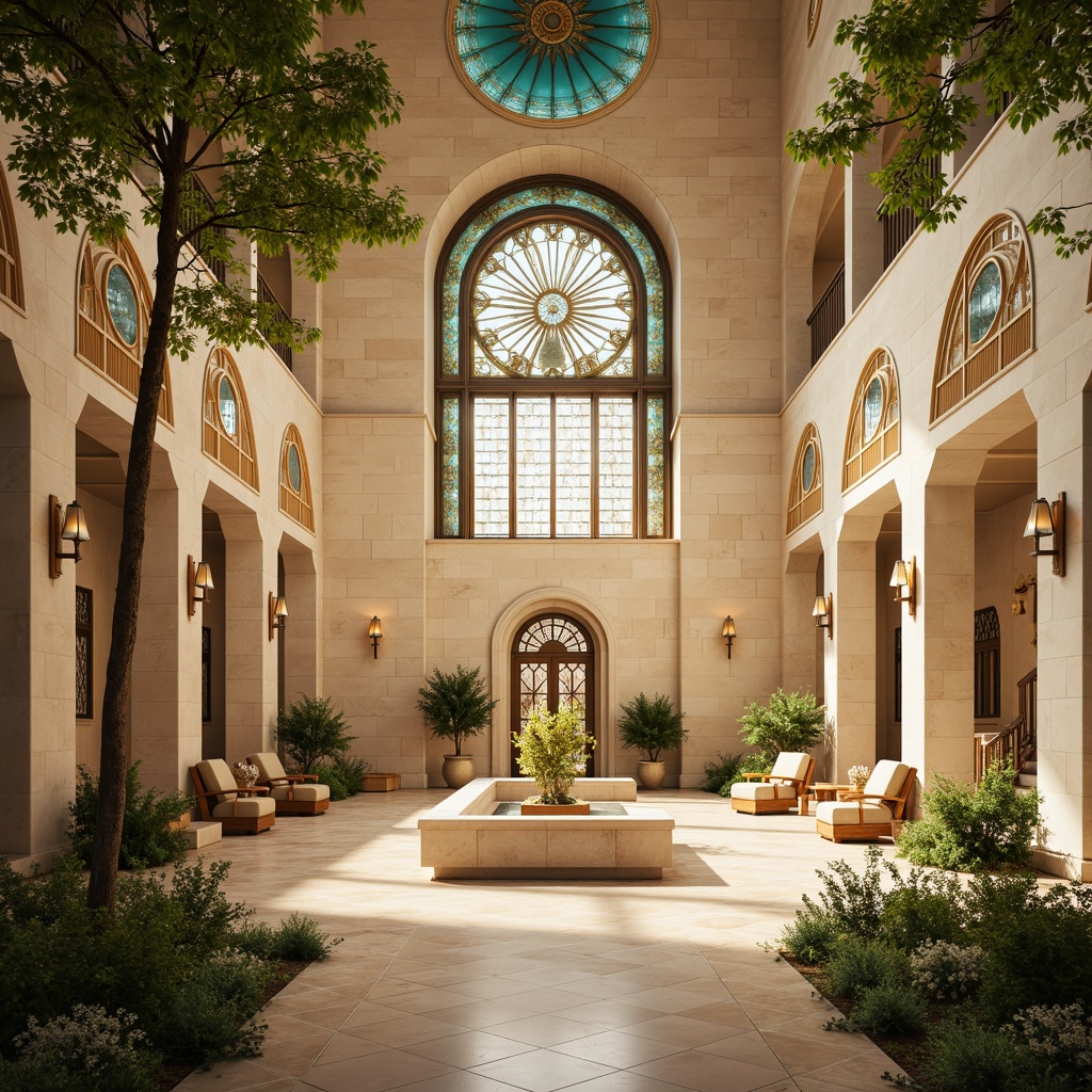 Prompt: Ethereal holy shrine, soft golden light, serene white marble, warm beige stone walls, intricate stained glass windows, vibrant turquoise domes, majestic bronze doors, ornate wooden furnishings, lush greenery, peaceful water features, subtle cream accents, gentle warm lighting, shallow depth of field, 1/1 composition, symmetrical architecture, realistic textures, ambient occlusion.