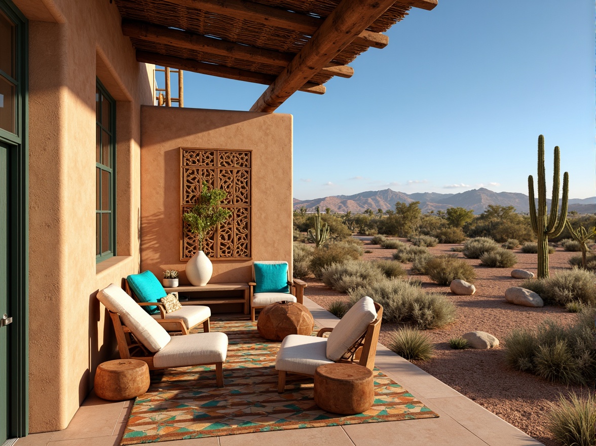 Prompt: Southwestern adobe architecture, warm earthy tones, rustic wooden accents, woven textiles, vibrant turquoise patterns, desert botanicals, cacti, sandy dunes, bright sunny day, clear blue sky, vast open spaces, natural stone walls, clay roof tiles, ornate metalwork, geometric tile designs, distressed leather furniture, faded denim fabrics, sun-bleached wood flooring, warm golden lighting, shallow depth of field, 3/4 composition, realistic textures, ambient occlusion.