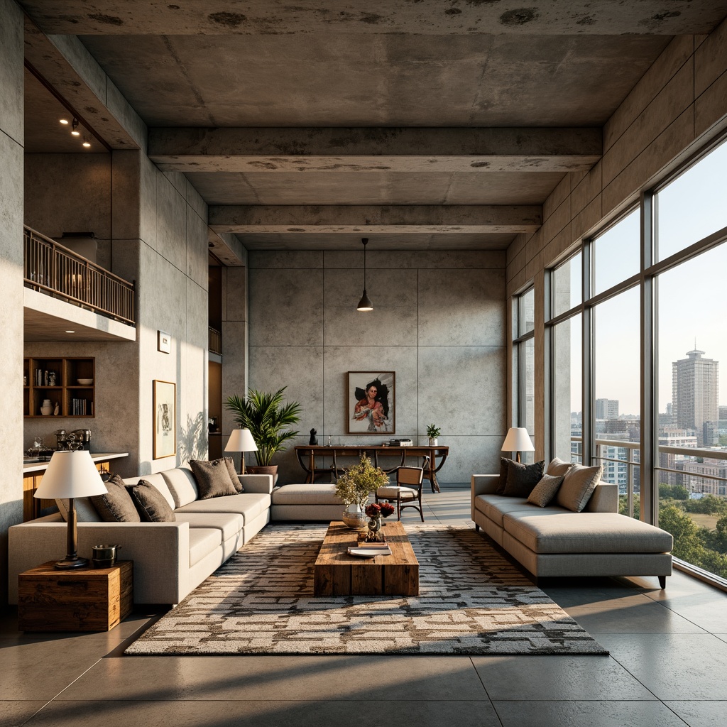 Prompt: Brutalist family room, rugged concrete walls, industrial-style metal beams, reclaimed wood accents, minimalist decor, sectional sofas, chunky coffee tables, geometric-patterned rugs, pendant lamps, floor-to-ceiling windows, urban cityscape views, afternoon warm lighting, shallow depth of field, 2/3 composition, symmetrical framing, realistic textures, ambient occlusion.