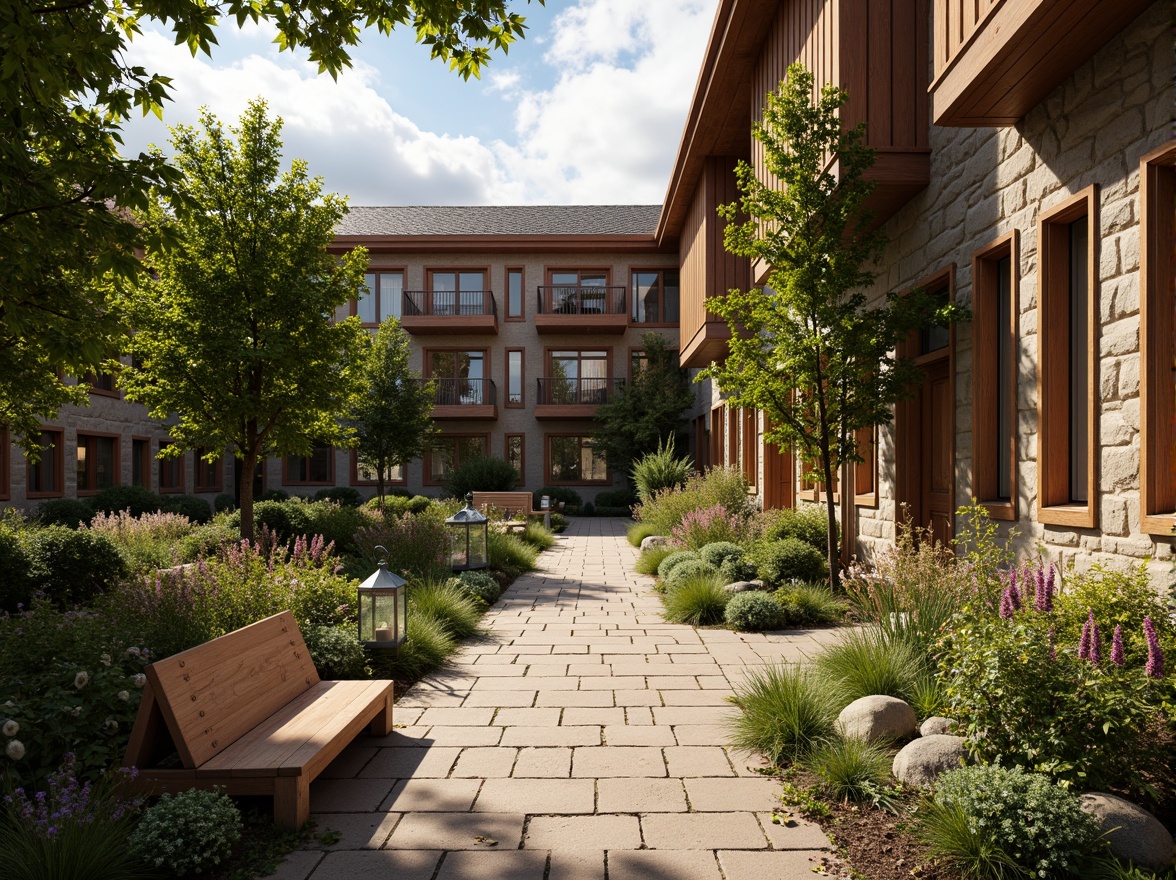 Prompt: Earthy university campus, rustic stone buildings, weathered wooden accents, lush greenery, vibrant flowers, natural stone walkways, brick pathways, wooden benches, vintage lanterns, warm earthy tones, rich wood grain textures, soft warm lighting, shallow depth of field, 3/4 composition, realistic textures, ambient occlusion.