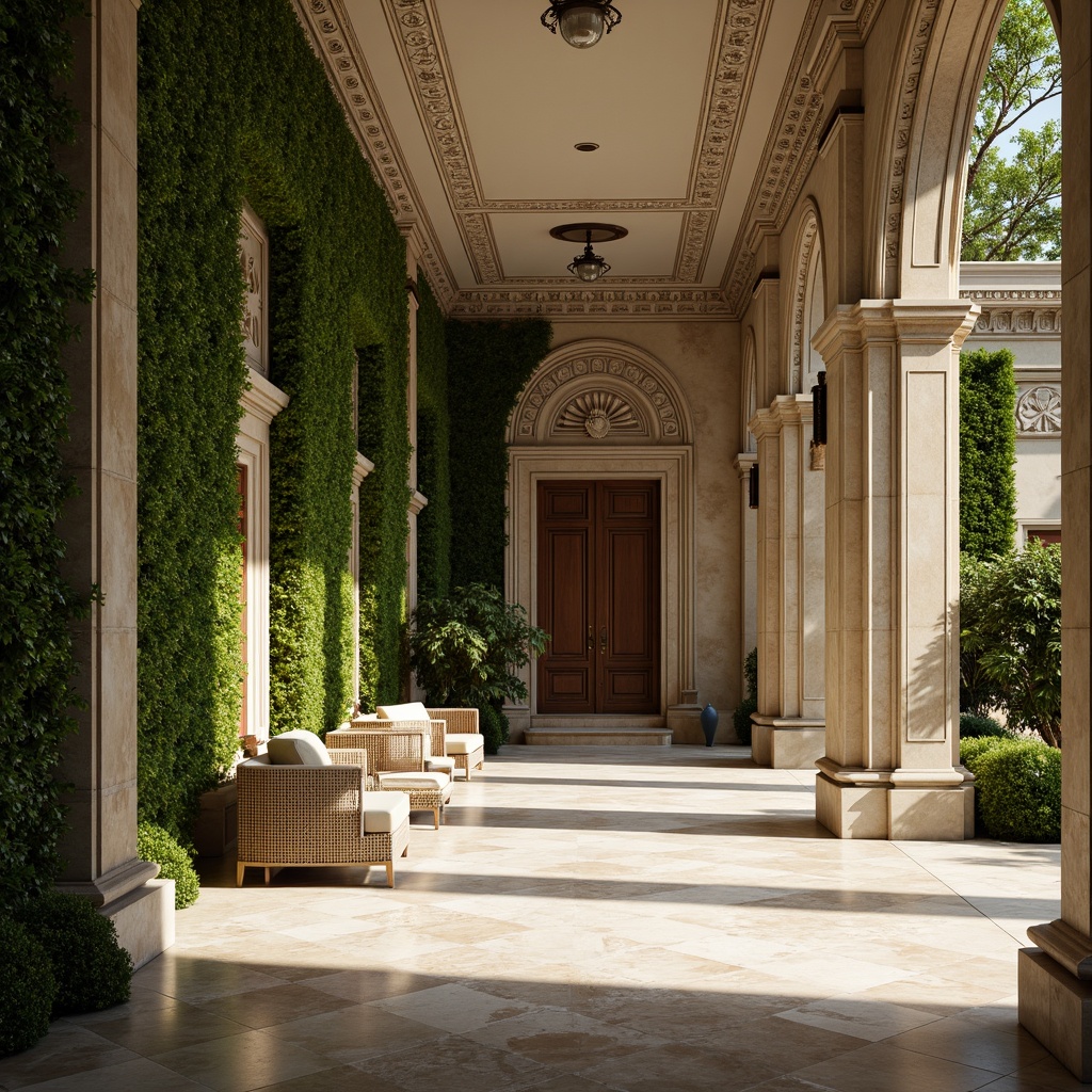 Prompt: \Ornate neoclassical facade, lush green walls, ivy-covered columns, grand entrance with floral patterns, marble floors, high ceilings, symmetrical architecture, elegant archways, refined ornamental details, natural light pouring in, warm beige tones, soft focus, shallow depth of field, 1/1 composition, realistic textures, ambient occlusion, subtle color grading.\Let me know if you need any adjustments!