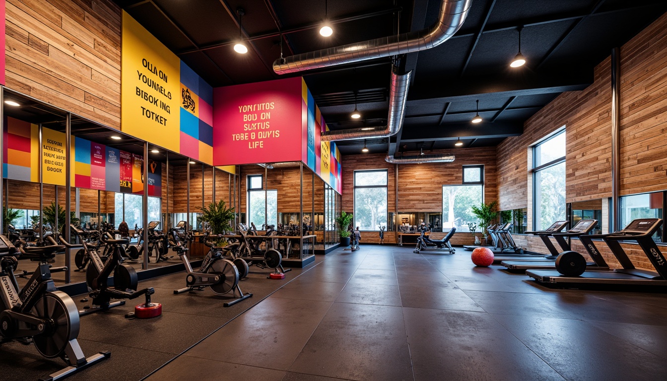 Prompt: Vibrant fitness studio, motivational quotes, abstract geometric shapes, bold color schemes, urban industrial architecture, reclaimed wood accents, metallic equipment, free weights, treadmills, stationary bikes, mirrors, rubber flooring, neon lighting, high ceilings, open spaces, modern minimalist decor, dynamic angles, 1/1 composition, dramatic shadows, realistic textures.