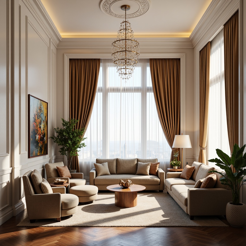 Prompt: Elegant interior design, curved moldings, ornate details, creamy white walls, rich wood tones, luxurious fabrics, velvet sofas, crystal chandeliers, floor-to-ceiling windows, natural light pouring in, warm ambient lighting, 3/4 composition, symmetrical layout, classical architecture influence, subtle texture variations, soft shadows, realistic render.