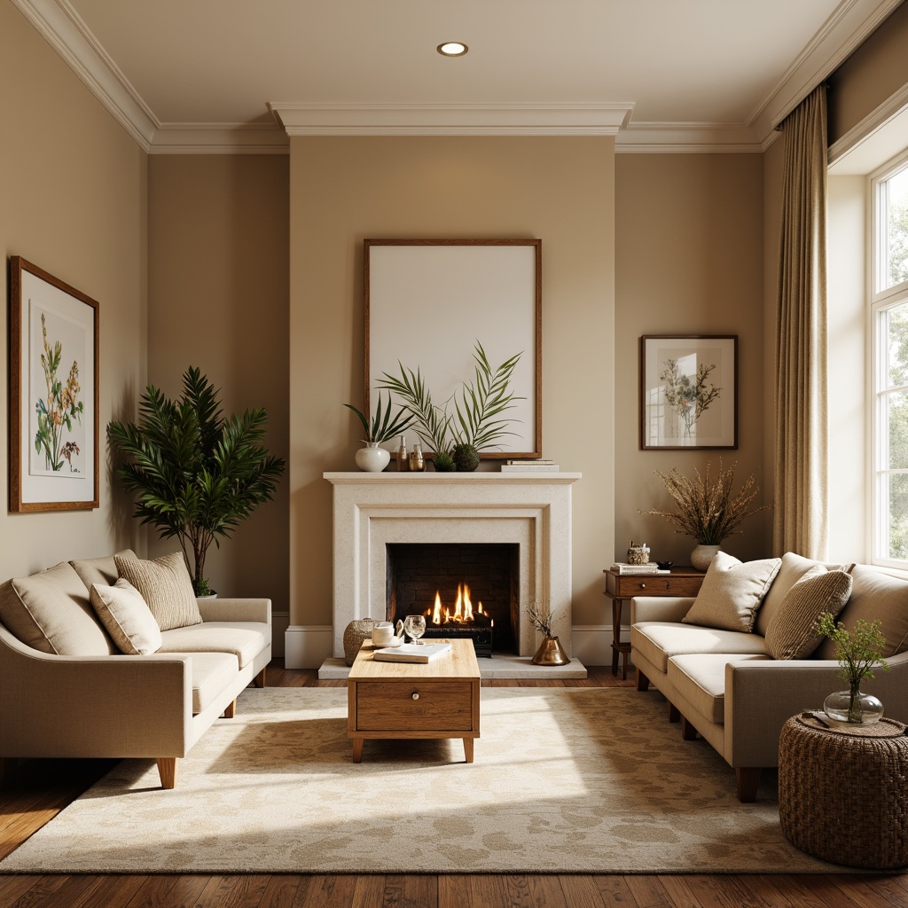 Prompt: Cozy living room, earthy tone walls, warm beige furniture, plush velvet sofas, natural wood accents, soft golden lighting, calming atmosphere, serene ambiance, botanical prints, nature-inspired textiles, creamy white trim, rustic wooden floors, inviting corners, comfortable seating areas, relaxing retreat, soft pastel colors, gentle contrast, soothing mood.