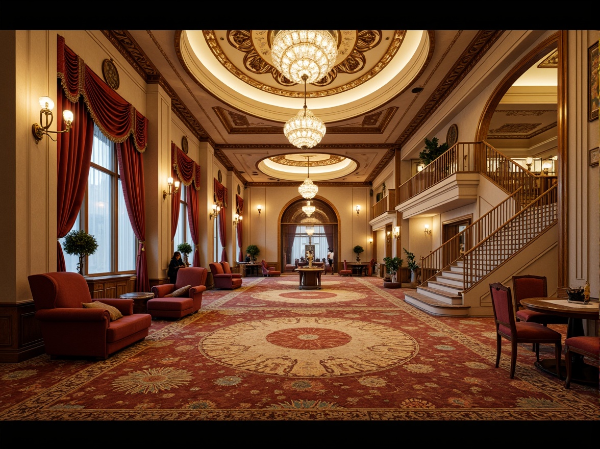 Prompt: Luxurious casino interior, ornate detailing, neoclassical architecture, grandiose chandeliers, intricate moldings, gilded accents, lavish furnishings, velvet drapes, marble columns, polished wooden floors, crystal sconces, opulent carpeting, rich tapestries, dramatic archways, sweeping staircases, majestic domes, warm golden lighting, soft focus, 1/2 composition, atmospheric fog, realistic reflections.