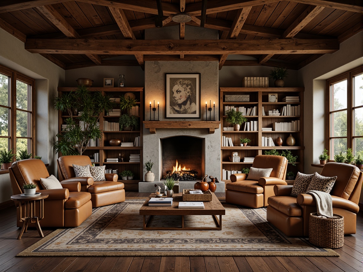 Prompt: Rustic farmhouse library, plush armchairs, vintage wooden bookshelves, distressed leather sofas, reclaimed wood coffee tables, woven wicker baskets, soft candlelight, earthy color palette, natural stone fireplace, rich wood tones, comfortable reading nooks, classic novels, warm textiles, cozy throw blankets, scenic rural views, tranquil atmosphere, shallow depth of field, 1/1 composition, realistic textures, ambient occlusion.