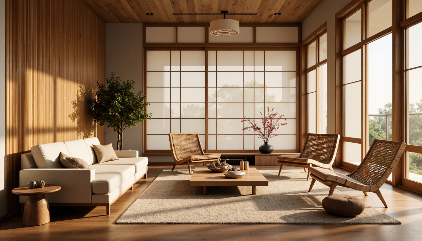 Prompt: Minimalist living room, low-seating sofa, natural wood accents, woven bamboo chairs, paper lanterns, intricately carved wooden panels, subtle cherry blossom patterns, soft golden lighting, warm beige tones, luxurious silk fabrics, delicate ceramic vases, traditional Japanese sliding doors, modernized Shoji screens, ambient soft focus, shallow depth of field, 1/2 composition, warm color palette, realistic wood textures, atmospheric occlusion.