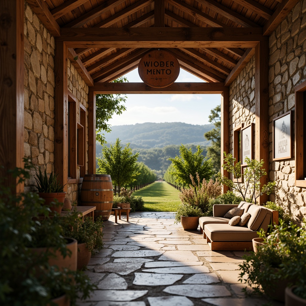 Prompt: Rustic winery, earthy tones, rich wood accents, vintage metal signs, stone walls, lush green vineyards, sunny afternoon, warm soft lighting, shallow depth of field, 2/3 composition, natural textures, ambient occlusion, elegant typography, classic label designs.