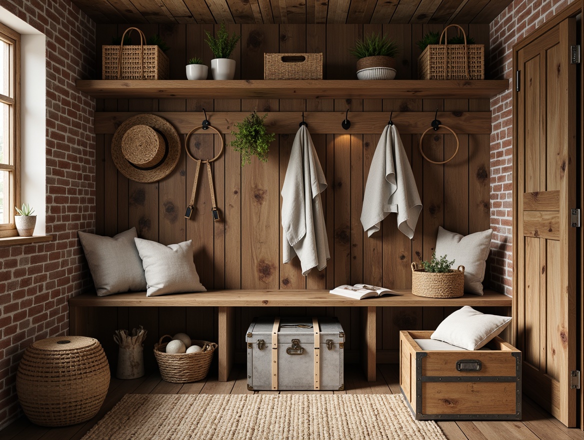 Prompt: Rustic mudroom, natural wood accents, earthy color palette, woven baskets, galvanized metal bins, reclaimed wooden crates, vintage-inspired storage trunks, distressed finishes, worn leather straps, industrial-style shelving, exposed brick walls, warm ambient lighting, soft focus effect, shallow depth of field, 1/1 composition, realistic textures, subtle grain overlay.