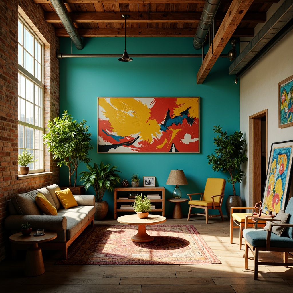 Prompt: Vibrant artistic studio, natural wood accents, eclectic furniture pieces, bold brushstroke artworks, abstract expressionist paintings, rich turquoise walls, creamy white trim, warm golden lighting, industrial metal fixtures, distressed wooden floors, urban loft atmosphere, moody shadows, dramatic color contrasts, high-contrast ratio, 1/1 composition, cinematic framing, soft focus blur.