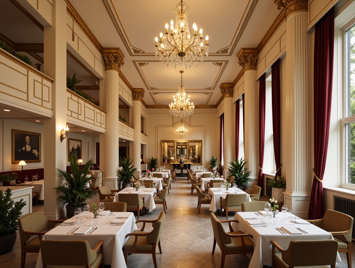 Prompt: Elegant dining hall, neoclassical architecture, cream-colored walls, ornate moldings, gold accents, crystal chandeliers, rich wood paneling, velvet drapes, marble floors, columnar structures, stately furnishings, soft warm lighting, subtle shading, 1/1 composition, realistic textures, ambient occlusion, warm beige tones, deep crimson hues, muted sage greens, ivory whites, luxurious fabrics, refined details.