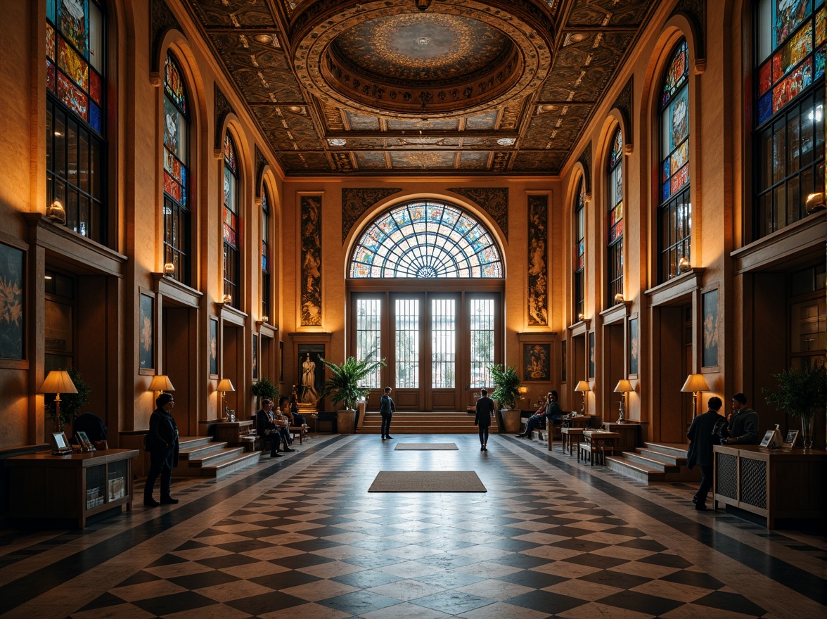 Prompt: Ornate museum facade, grand entrance hall, sweeping curves, sinuous lines, organic motifs, stained glass windows, intricate mosaics, luxurious textiles, rich wood paneling, ornamental ironwork, gilded details, subtle gradient colors, ambient warm lighting, soft focus, shallow depth of field, 1/2 composition, dramatic shadows, high-contrast ratio, artistic bokeh.