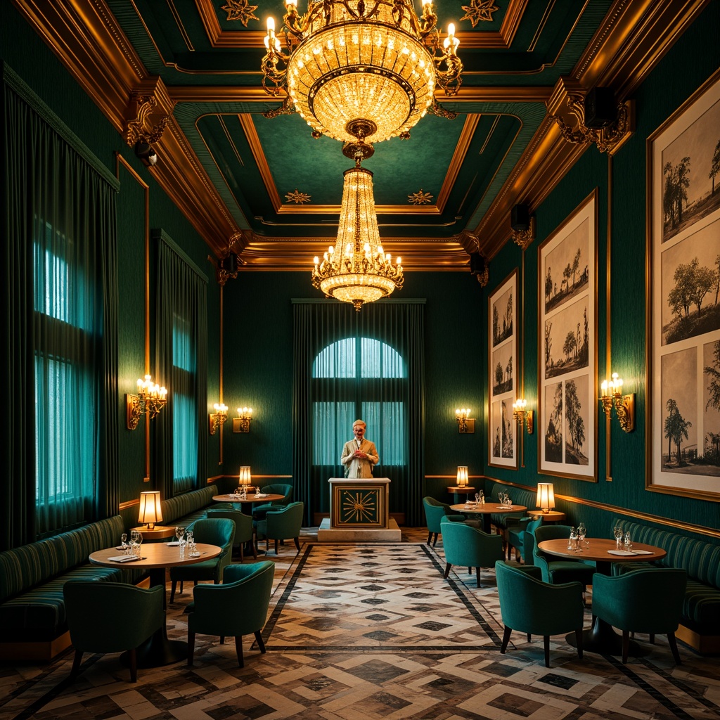 Prompt: Luxurious Art Deco venue, opulent chandeliers, metallic accents, rich jewel tones, emerald green walls, navy blue ceilings, golden ornate details, velvet drapes, marble floors, geometric patterns, vintage flair, sophisticated ambiance, warm candlelight, soft focus, shallow depth of field, 1/2 composition, moody color grading, cinematic atmosphere.