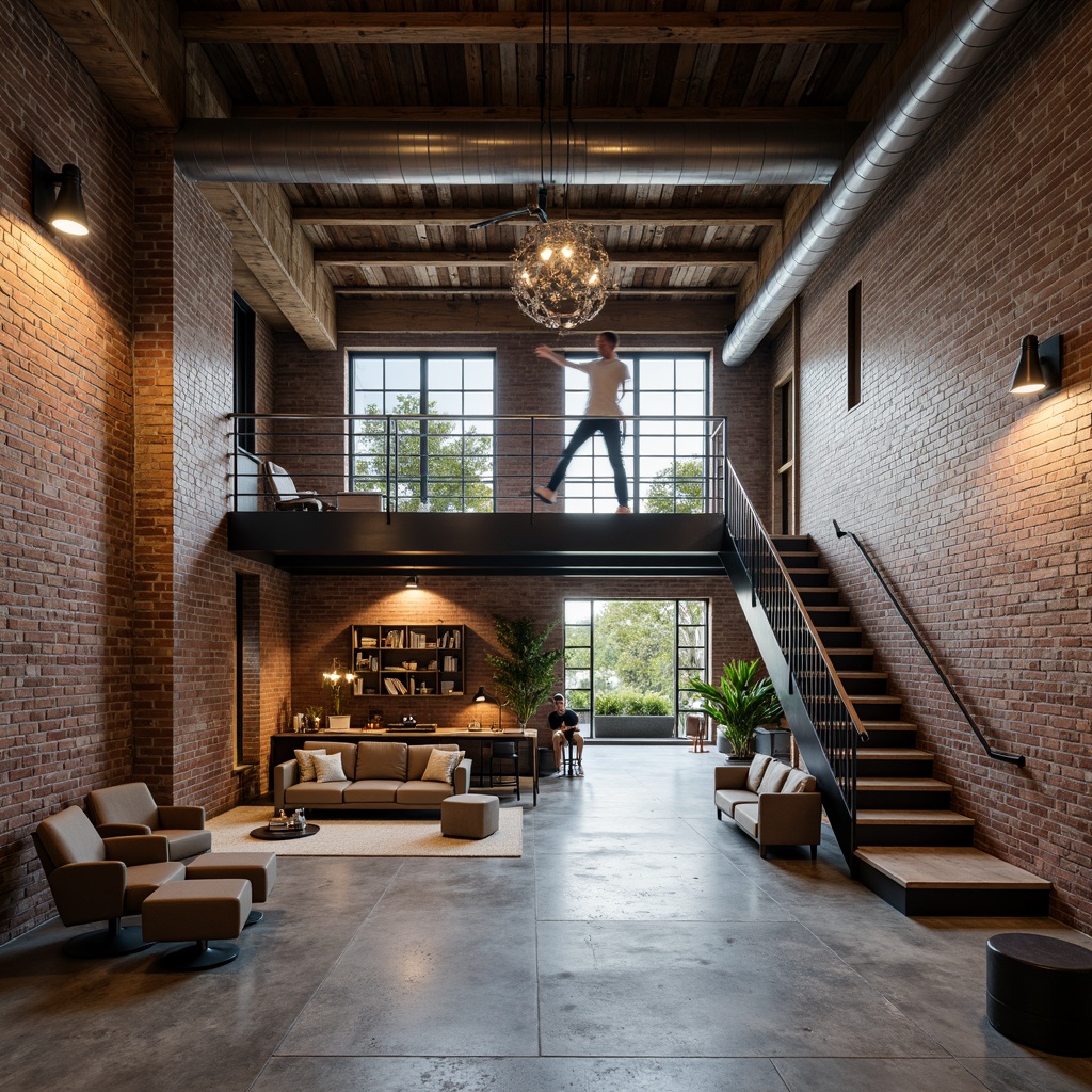 Prompt: Exposed brick walls, metal beams, reclaimed wood accents, industrial-style lighting fixtures, distressed concrete floors, urban loft atmosphere, modern minimalist decor, functional metal staircases, sleek aluminum railings, mechanical equipment visible, neutral color palette, natural textures, softbox lighting, shallow depth of field, 2/3 composition, cinematic perspective, realistic reflections.