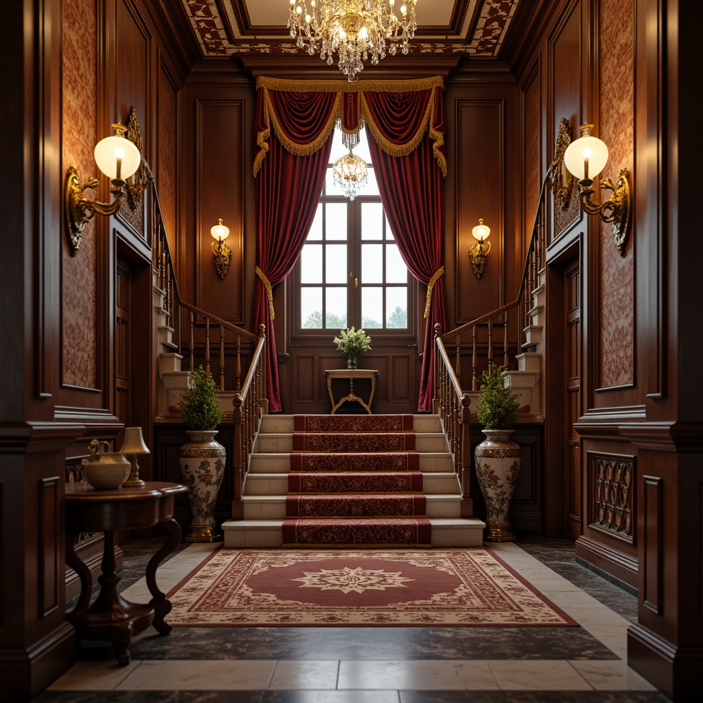 Prompt: Luxurious Victorian-era mansion, intricately carved wooden doors, ornate golden doorknobs, grand staircase, crystal chandelier, rich velvet drapes, lavish furnishings, antique vases, intricate patterns, Baroque-inspired architecture, classical columns, marble floors, soft warm lighting, shallow depth of field, 1/1 composition, realistic textures, ambient occlusion.