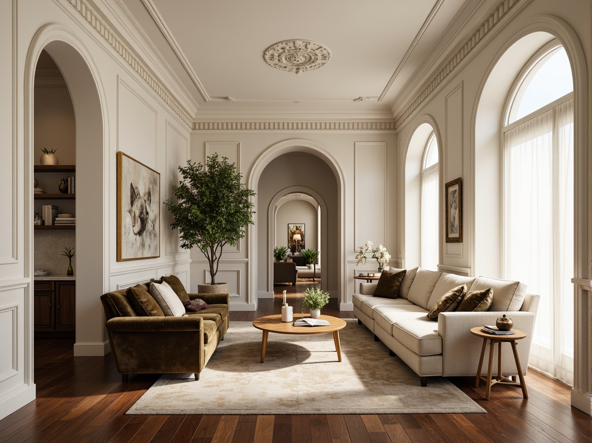 Prompt: Luxurious living room, smooth molding details, creamy white walls, rich wood flooring, ornate ceiling designs, elegant archways, sophisticated furniture pieces, plush velvet upholstery, metallic gold accents, warm ambient lighting, shallow depth of field, 1/1 composition, realistic textures, soft focus effect.