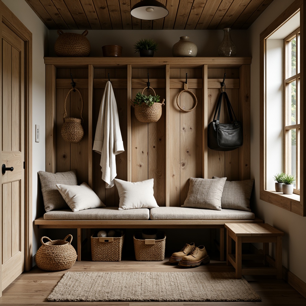 Prompt: Cozy mudroom, rustic wooden bench, plush cushions, natural fabrics, earthy tones, woven baskets, vintage decor, warm ambient lighting, soft shadows, 1/2 composition, intimate focus, realistic textures, shallow depth of field.