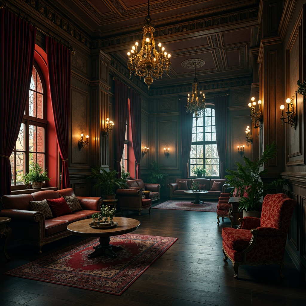 Prompt: Dark mysterious atmosphere, rich wood tones, ornate furnishings, luxurious velvet fabrics, dramatic lighting, grand chandeliers, stained glass windows, intricate stone carvings, mysterious alcoves, dark rich colors, emerald green accents, crimson red highlights, golden metallic details, Baroque-inspired patterns, high ceilings, lavish textures, ominous shadows, cinematic ambiance, 1/2 composition, low-key lighting, dramatic contrast.