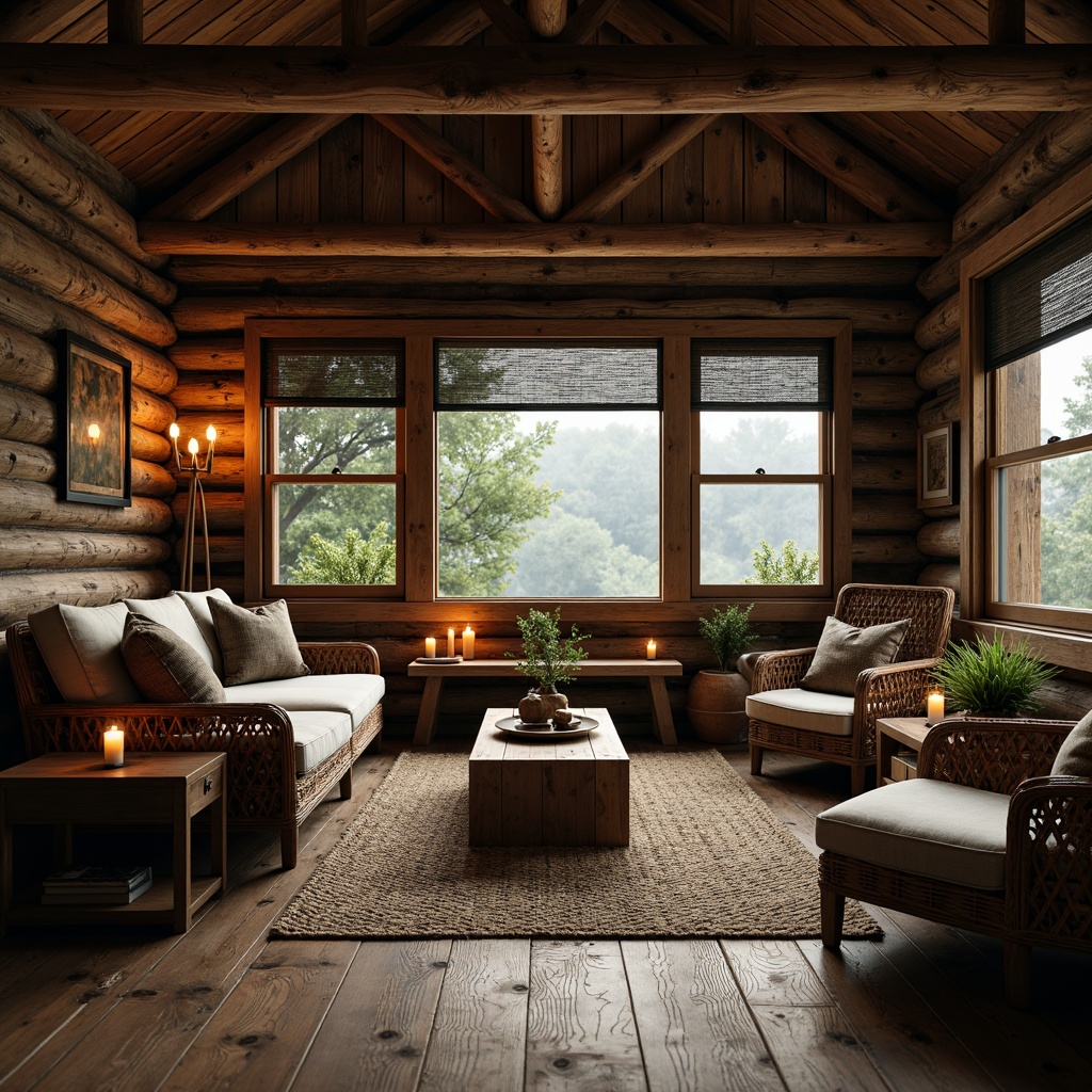 Prompt: Rustic cabin, wooden logs, earthy tones, natural stone walls, reclaimed wood floors, woven wicker furniture, vintage metal accents, candlelit ambiance, soft warm lighting, shallow depth of field, 3/4 composition, panoramic view, realistic textures, ambient occlusion, forest surroundings, misty morning, dense foliage, rugged terrain, wooden shutters, earthy scent, cozy atmosphere.