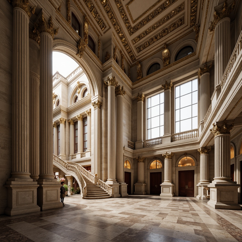 Prompt: Grandiose neoclassical fa\u00e7ade, towering columns, ornate capitals, symmetrical architecture, rusticated base, arched windows, carved stone details, imposing entrance, sweeping staircases, marble floors, intricate moldings, gilded accents, soft warm lighting, shallow depth of field, 1/1 composition, realistic textures, ambient occlusion.