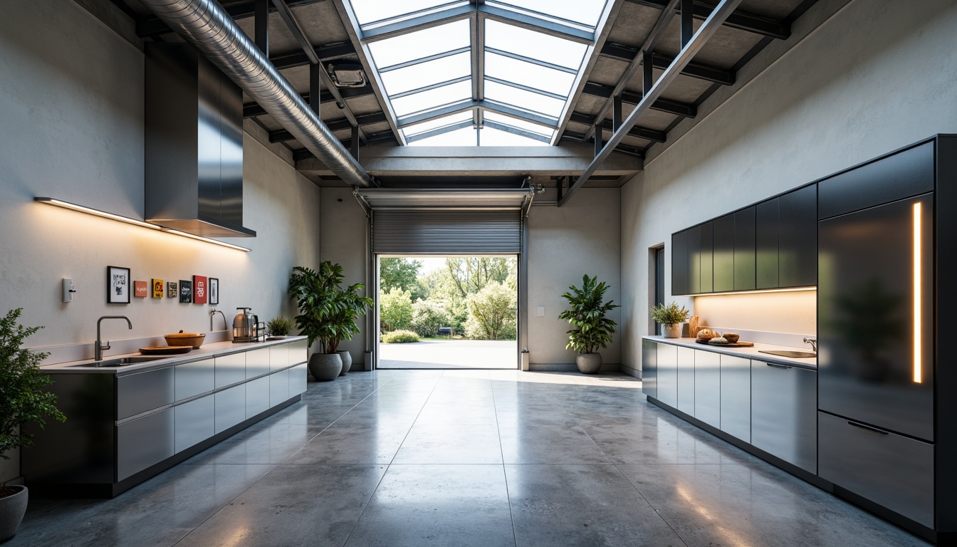 Prompt: Bright garage interior, natural light pouring in, skylights, clerestory windows, transparent roof panels, polished concrete floors, minimalist decor, industrial metal beams, exposed ductwork, sleek modern cabinetry, stainless steel countertops, LED strip lighting, warm ambient glow, shallow depth of field, 1/2 composition, realistic textures, soft focus, airy atmosphere.