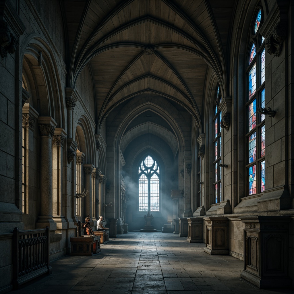 Prompt: Intricate stone carvings, ribbed vaults, pointed arches, flying buttresses, grandiose stained glass windows, ornate column capitals, weathered stone walls, mystical gargoyles, eerie shadows, dramatic lighting, atmospheric fog, low-angle shot, symmetrical composition, high-contrast ratio, cinematic mood, mysterious ambiance.