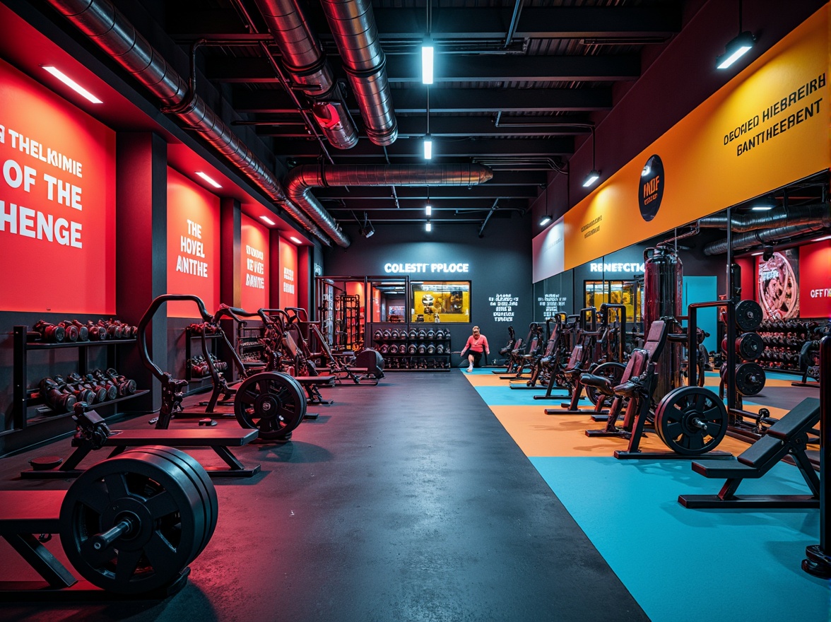 Prompt: Vibrant gym interior, bold color scheme, energetic atmosphere, dynamic lighting, motivational quotes, sleek modern equipment, rubber flooring, mirrored walls, high ceilings, industrial chic decor, exposed ductwork, metallic accents, intense reds, deep blues, neon greens, contrasting whites, stimulating yellows, 3/4 composition, dramatic shadows, high-contrast highlights, realistic textures.