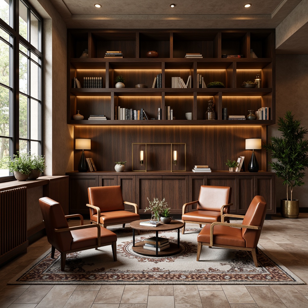 Prompt: Walnut wood shelves, rich leather armchairs, vintage metal lamps, geometric patterned rugs, earthy tone walls, natural stone flooring, floor-to-ceiling windows, minimalist decorative accents, cozy reading nooks, warm ambient lighting, shallow depth of field, 1/1 composition, realistic textures, ambient occlusion.