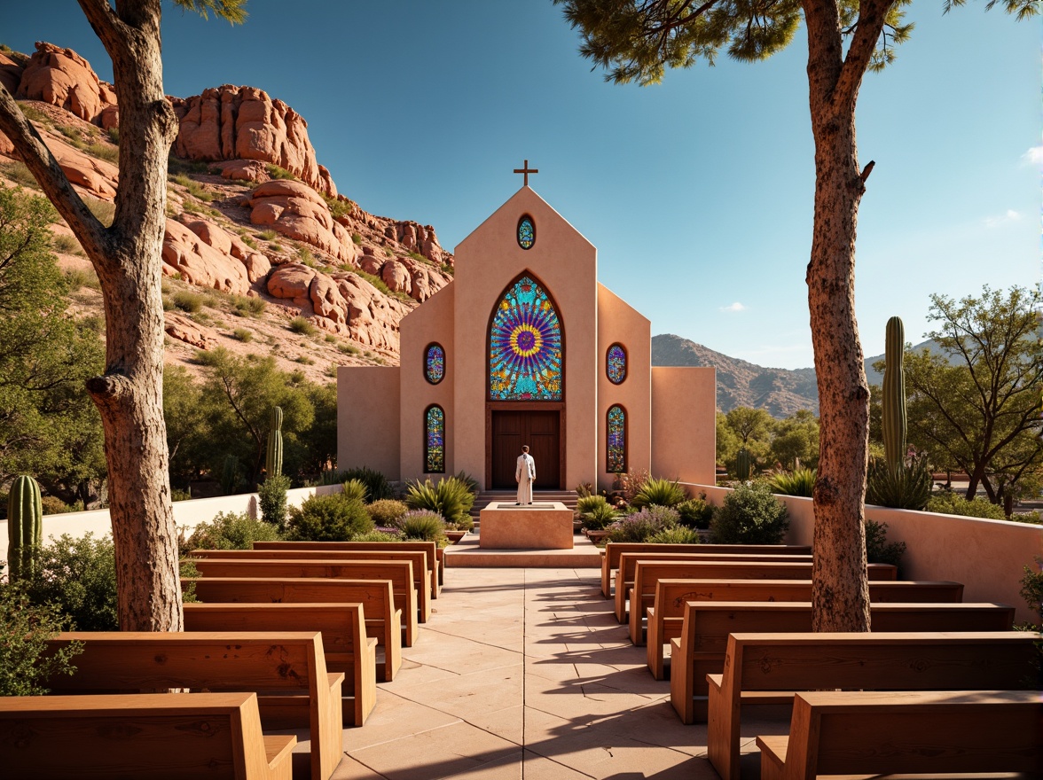 Prompt: Vibrant southwestern church, stained glass windows, kaleidoscope colors, geometric patterns, ornate details, rustic wooden pews, adobe-style architecture, terracotta roof tiles, desert landscape, cactus plants, sunny day, clear blue sky, warm golden lighting, shallow depth of field, 3/4 composition, panoramic view, realistic textures, ambient occlusion.