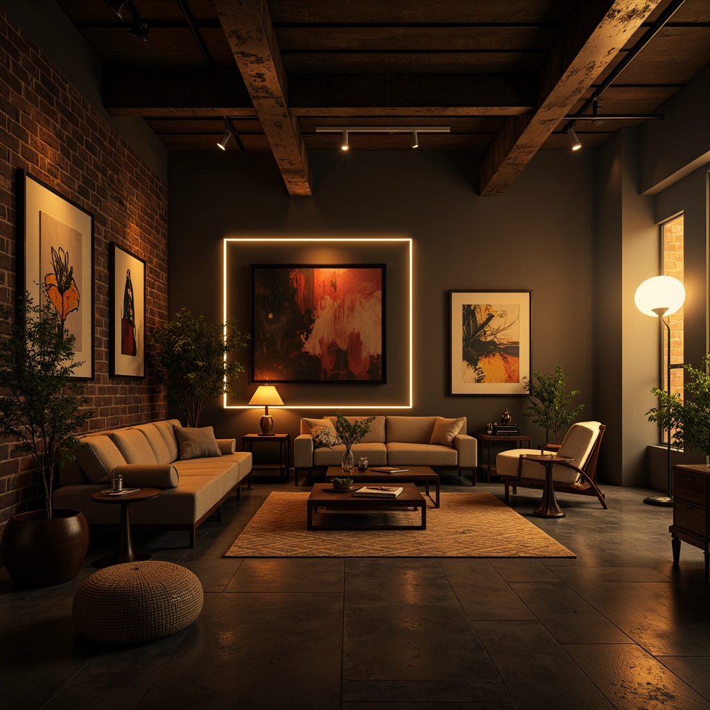 Prompt: Moody contemporary interior, abstract art pieces, eclectic furniture, warm golden lighting, softbox lights, LED strips, floor lamps, table lamps, ambient occlusion, high contrast ratios, dramatic shadows, warm color temperatures, dimmable light sources, minimalist decor, industrial chic accents, exposed brick walls, polished concrete floors, sleek metal fixtures, luxurious textiles, atmospheric fog effects, low-key lighting, cinematic composition, 1-point perspective, realistic reflections.