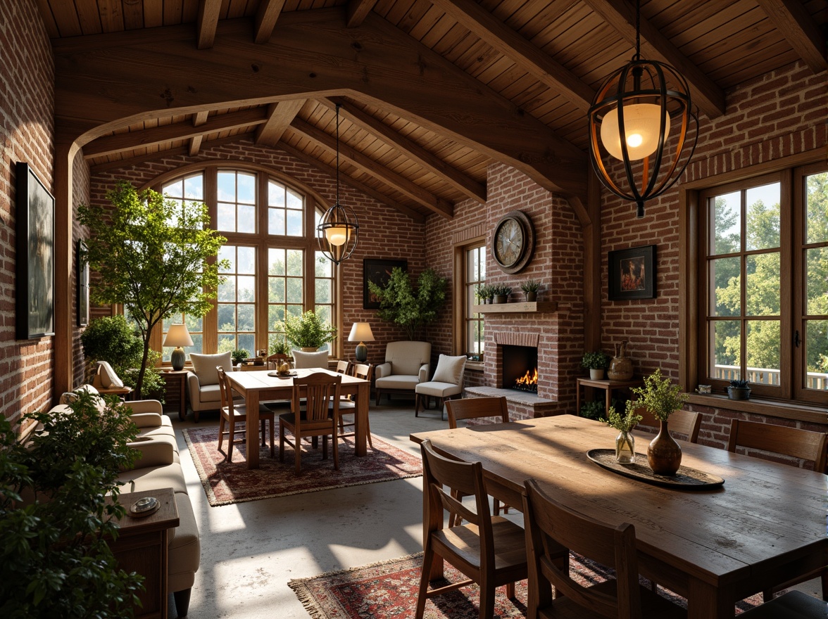 Prompt: Cozy farmhouse interior, warm rustic lighting, pendant lanterns, metal chandeliers, candles, soft warm glow, natural wood accents, vintage metal fixtures, distressed finishes, earthy tones, stone fireplaces, brick walls, wooden beams, country-style decor, lush greenery, large windows, sun-drenched rooms, shallow depth of field, 1/2 composition, softbox lighting, realistic textures, ambient occlusion.