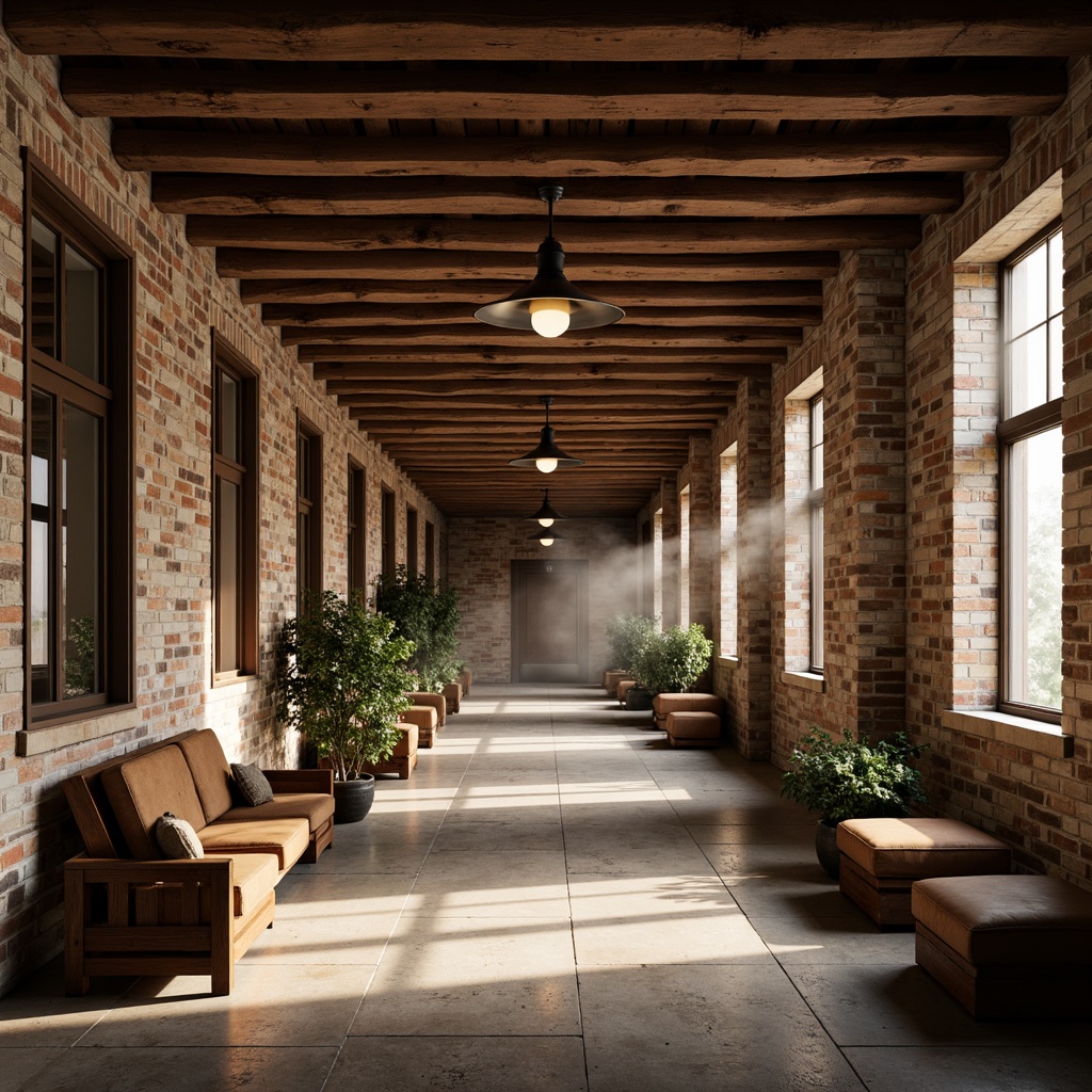 Prompt: Rustic university hallways, reclaimed wood accent walls, exposed brick surfaces, earthy tones, natural stone floors, wooden ceiling beams, industrial metal lighting, cozy seating areas, vintage furniture pieces, distressed wood textures, warm ambient lighting, shallow depth of field, 1/2 composition, realistic renderings, atmospheric fog effects.