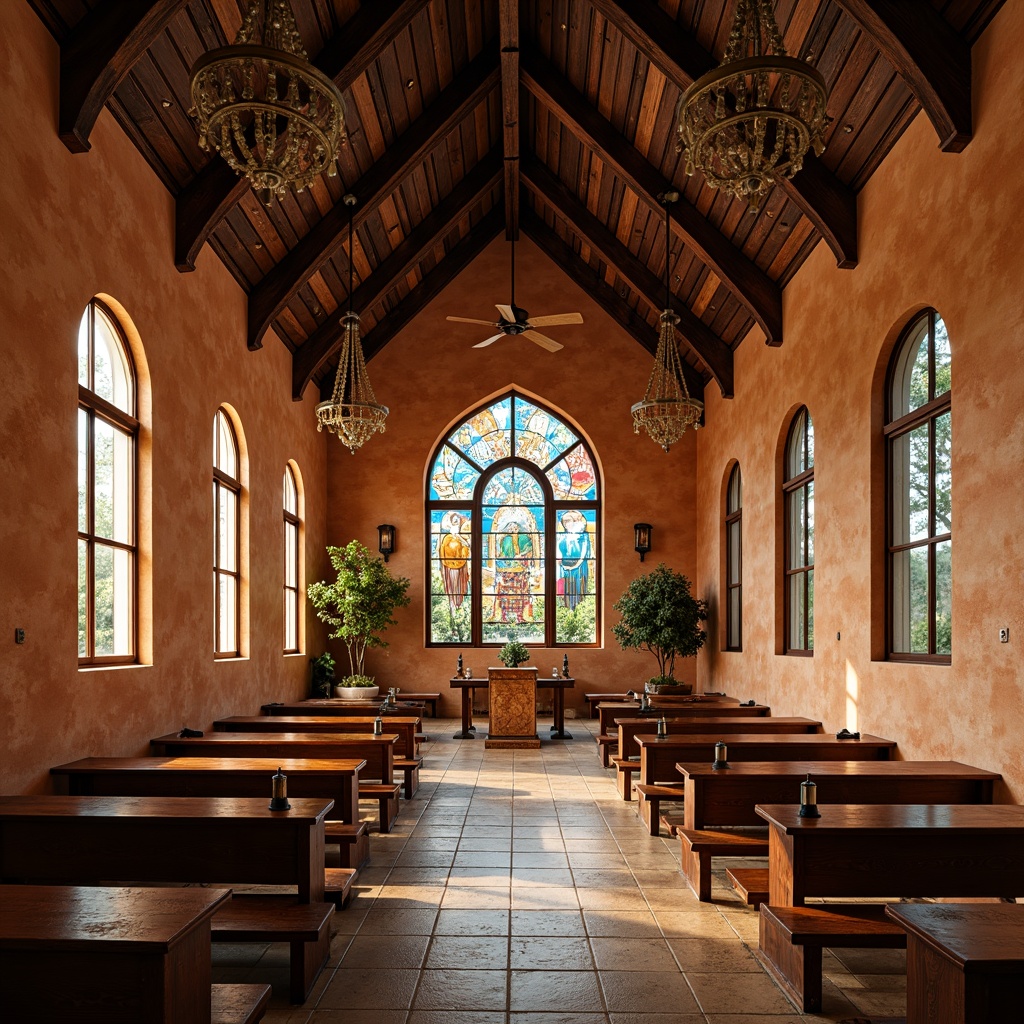 Prompt: Vaulted ceiling, wooden beams, ornate chandeliers, stained glass windows, rustic wooden pews, vibrant turquoise accents, earthy terracotta tones, adobe-inspired architecture, Spanish colonial influences, intricate stone carvings, dramatic archways, soft warm lighting, shallow depth of field, 3/4 composition, panoramic view, realistic textures, ambient occlusion.