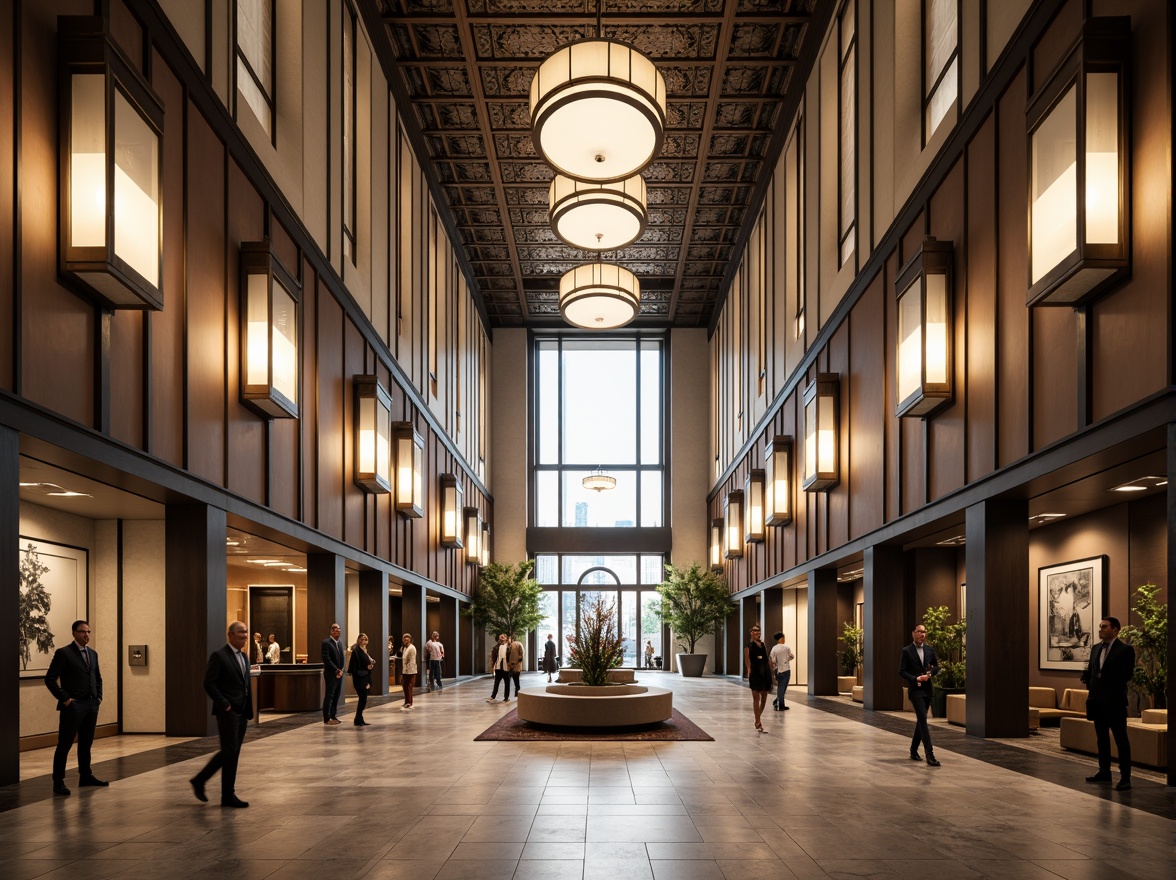 Prompt: Elegant bank interior, high ceilings, marble floors, modern postmodernist architecture, ornate lighting fixtures, intricate metalwork, suspended ceiling lamps, cylindrical pendant lights, sleek glass chandeliers, polished chrome sconces, warm ambient glow, soft box lighting, 1/2 composition, shallow depth of field, realistic textures, subtle color palette, neutral tone walls, rich wood accents, comfortable seating areas, busy urban atmosphere.