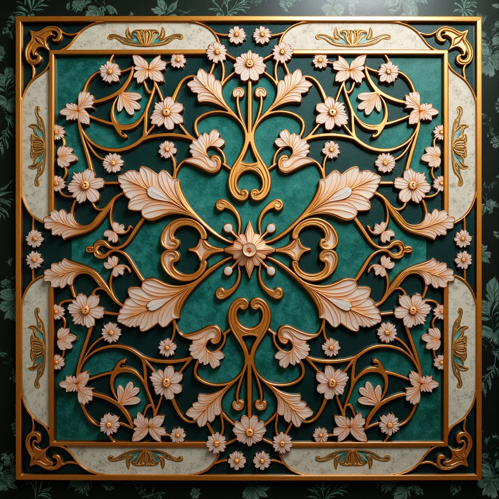 Prompt: Intricate Art Nouveau inspired tiles, sinuous organic shapes, flowing curves, botanical motifs, stylized florals, whiplash lines, iridescent glazes, luminous colors, ornate borders, geometric accents, nature-inspired patterns, luxurious textures, opulent materials, decorative accents, vintage flair, eclectic mix of styles, dramatic lighting, shallow depth of field, 1/2 composition, realistic reflections.