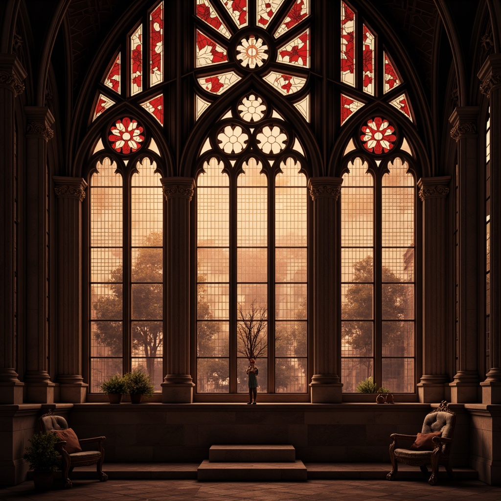 Prompt: Ornate Gothic windows, delicate stone carvings, majestic cathedral-inspired architecture, intricate arches, ribbed vaults, stained glass patterns, rich burgundy hues, warm golden lighting, subtle misting effects, cinematic shallow depth of field, 1/2 composition, symmetrical framing, ornamental ironwork, mystical atmosphere, mysterious foggy day.