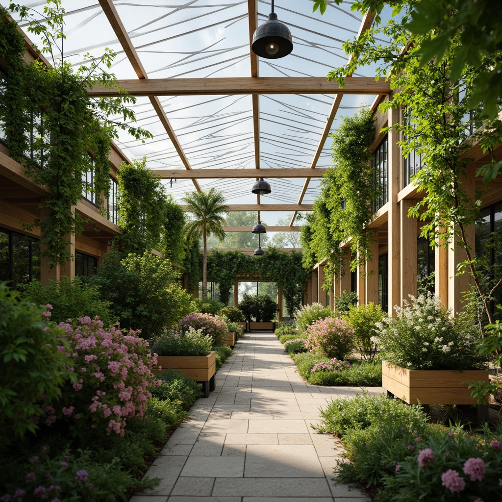 Prompt: Greenhouse interior, lush foliage, vibrant flowers, exotic plants, trellis systems, irrigation networks, misting nozzles, climate control panels, adjustable vents, air circulation fans, transparent polycarbonate roofs, natural stone flooring, wooden planters, modern minimalist decor, soft warm lighting, shallow depth of field, 3/4 composition, realistic textures, ambient occlusion.