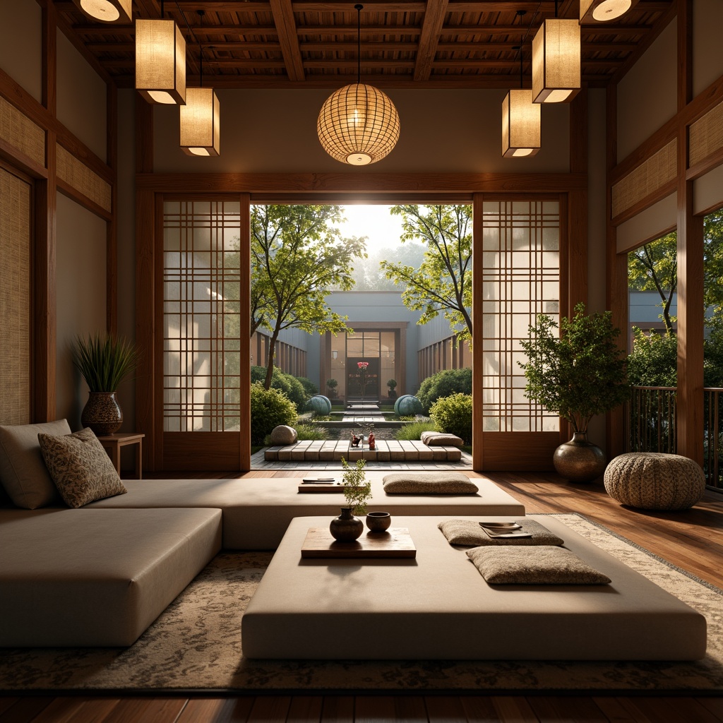 Prompt: Serene Asian-inspired interior, warm ambient lighting, paper lanterns, natural wood accents, woven bamboo shades, subtle rice paper textures, minimalist decor, low-hanging pendant lights, soft warm glow, delicate ceramic vases, intricately carved wooden furniture, luxurious silk fabrics, traditional Japanese sliding doors, tranquil water features, lush greenery, shallow depth of field, 1/1 composition, realistic reflections, ambient occlusion.