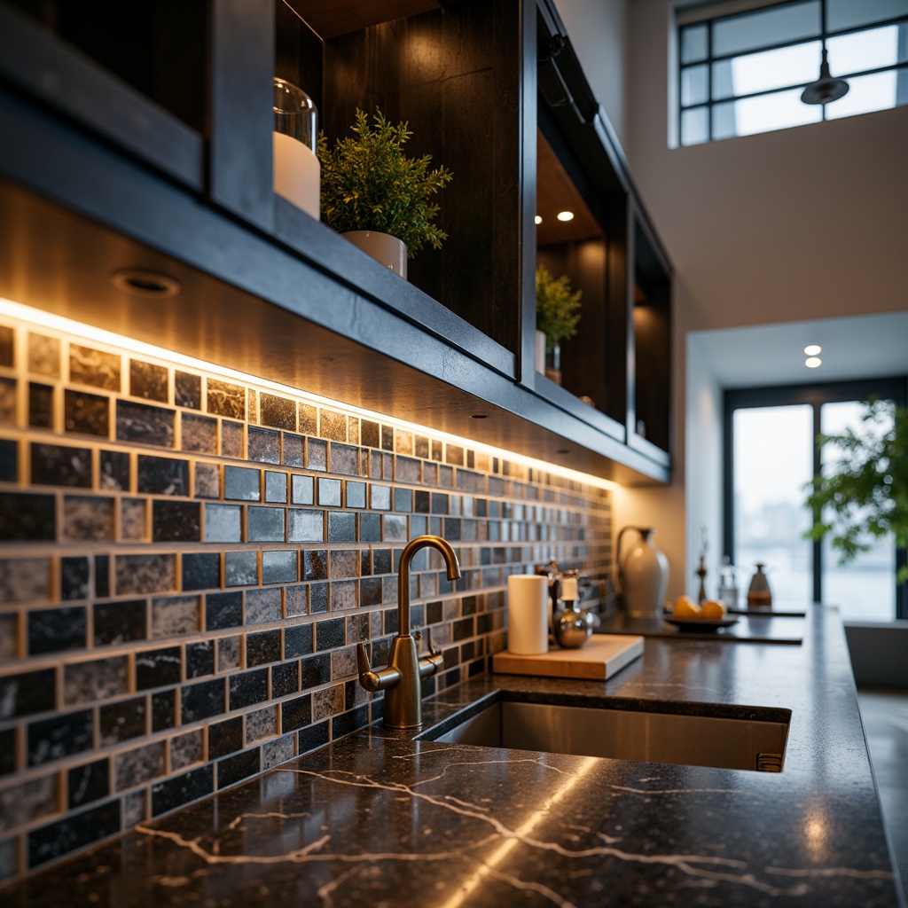 Prompt: Modern kitchen backsplash, stylish glass tiles, metallic accents, sleek LED lighting, high-gloss finish, bold geometric patterns, contrasting colors, textured stone surfaces, marble-inspired designs, industrial-chic metal grids, reclaimed wood elements, warm ambient lighting, shallow depth of field, 1/1 composition, realistic reflections, subtle shadowing.